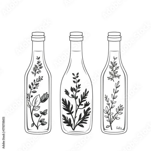 Fresh herb-infused olive oil in bottles