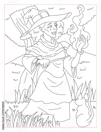 Mysterious Witch with a Potion Coloring Page: Spooky Fantasy Art