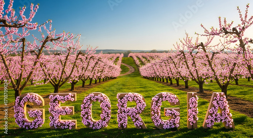 A serene and picturesque spring landscape of a Georgia peach orchard with vibrant pink blossoms and the state name in flowers