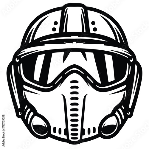 Outlined helmet shows futuristic battle gear, iconic protection, and striking black lines across a white backdrop