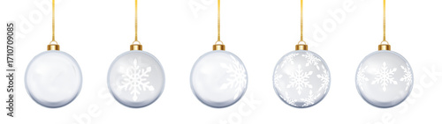Hanging glass baubles with snowflakes isolated PNG. 3D transparent Christmas tree ornaments. Vector realistic decoration