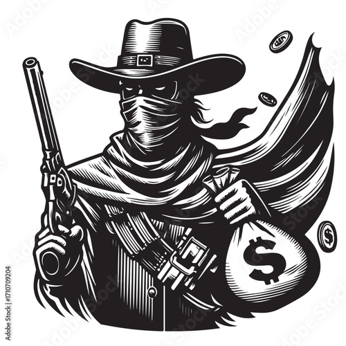 Gangster with gun illustration, vintage mafia man in hat, retro crime vector artwork