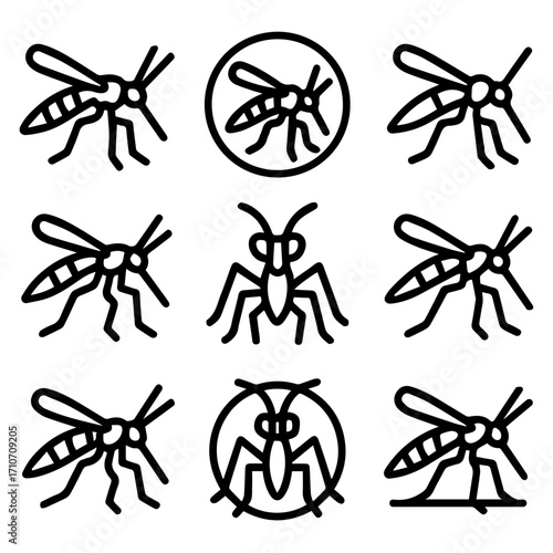 Nine black line art illustrations of mosquitos, showing different angles and positions.