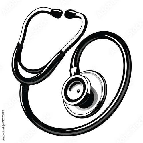 Outlined stethoscope with earpieces and diaphragm displays detailed linework creating a medical tool