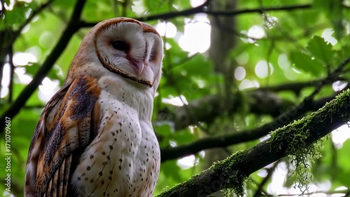 Captivating barn owl portrait perched on branch, mystical forest ambience