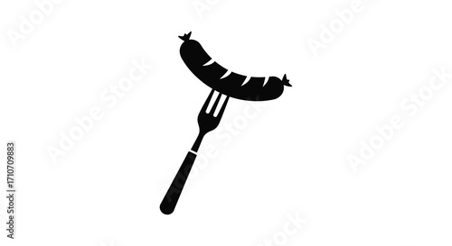 A black and white illustration of a sausage on a fork