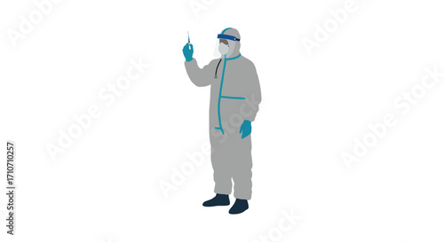 Healthcare worker in full protective gear holding a syringe flat vector illustration