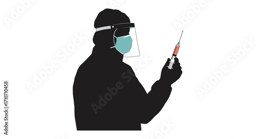 Healthcare worker in silhouette holding a syringe and wearing protective gear