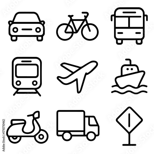 A collection of simple line icons depicting various modes of transportation.