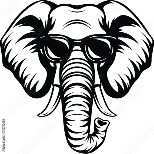 shows an elephant head with rounded sunglasses in black and white