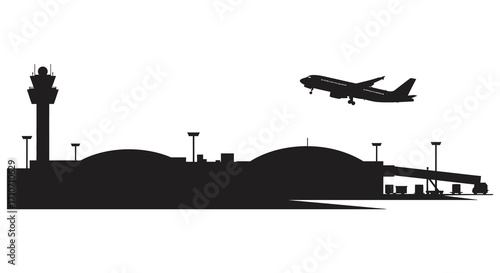 Airport silhouette featuring a control tower and airplane taking off