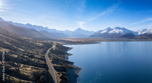 Aerial view of the highway to Mt. Cook along Lake Pukaki in South Island of New Zealand on a clear day