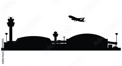 Airport silhouette with control tower airplane and terminal buildings shown
