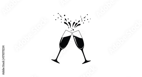 A black and white illustration of two champagne glasses toasting together