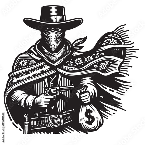 Gangster with gun illustration, vintage mafia man in hat, retro crime vector artwork