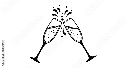 Two champagne glasses clinking together in a celebratory black and white design