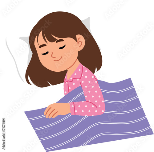 cute girl in pink pajamas sleep at night, bed time for kid, happy cute sleep with sweet dream, rest time young child for growth and health illustration