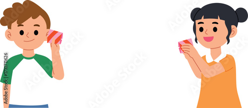 happy kids play making paper cup telephone and play together, smile boy and girl have fun with hand made toy, cute child talk to friend with paper cup telephone illustration