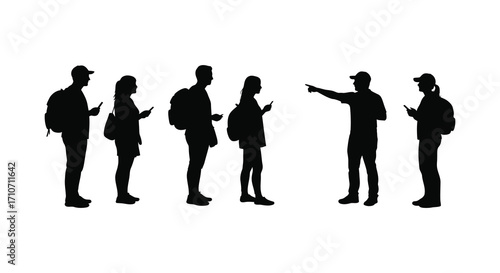 A group of six silhouetted people standing and interacting with each other