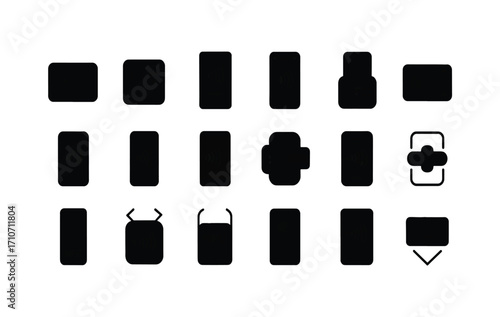 A collection of various mobile device and smartphone form factor icons with different notch and bezel designs for UI and UX mockups