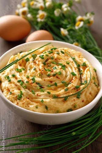 Creamy Deviled Egg Dip in White Bowl Garnished with Chives and Paprika Close Up Food Photography Studio Shot on Wooden Surface