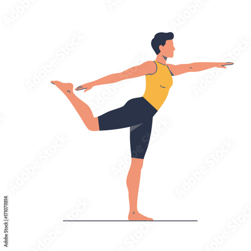 A fit woman practices the elegant Natarajasana yoga pose, demonstrating balance and flexibility in a serene, health-focused illustration.