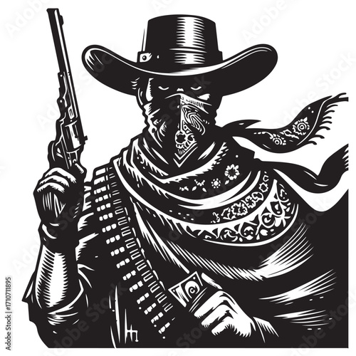 Gangster with gun illustration, vintage mafia man in hat, retro crime vector artwork