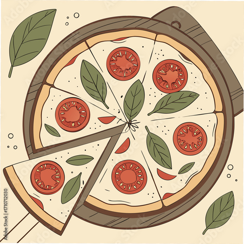 Fresh Margherita Pizza with Tomatoes and Basil on Wooden Table