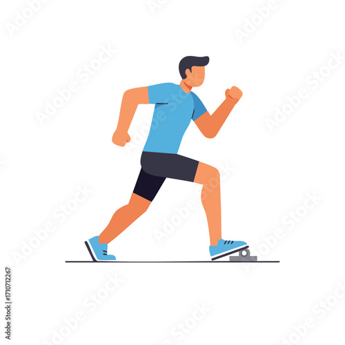 A dynamic illustration captures a determined male athlete in a ready-to-sprint stance, poised at the starting blocks for an athletic competition.