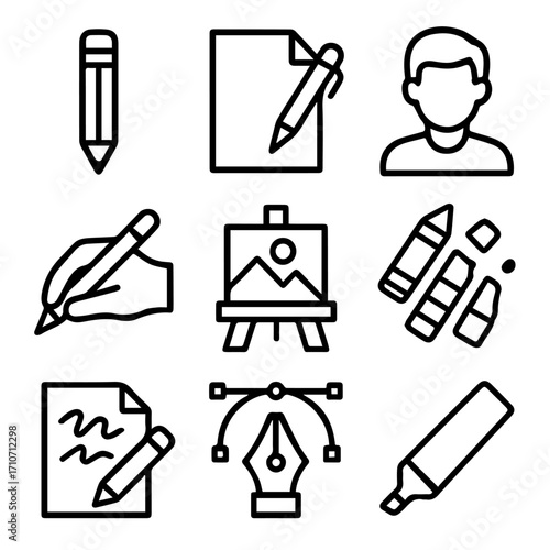 Artistic Tools and Creative Elements Line Art Collection on Transparent Background.