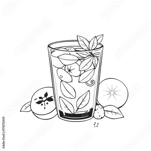 Cold herbal tea with fresh fruit garnish