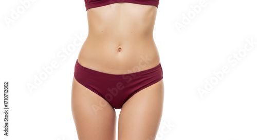 Womans body burgundy bikini bottom torso waist abdomen smooth skin transparent background