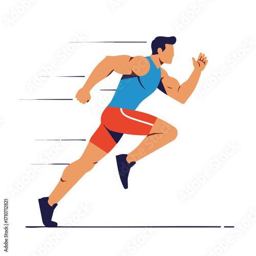 A dynamic illustration captures a determined male athlete sprinting forward with incredible speed and agility, embodying peak athletic performance and competitive spirit.