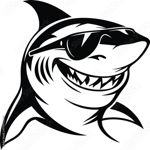 Smiling shark sports sunglasses revealing sharp teeth and unique black outlines, showing a cool attitude