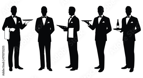 Silhouette of five formally dressed waiters with trays and accessories