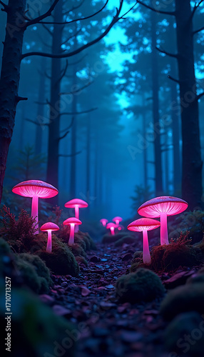 Glowing Pink Mushrooms in Mystical Forest with Blue Lighting