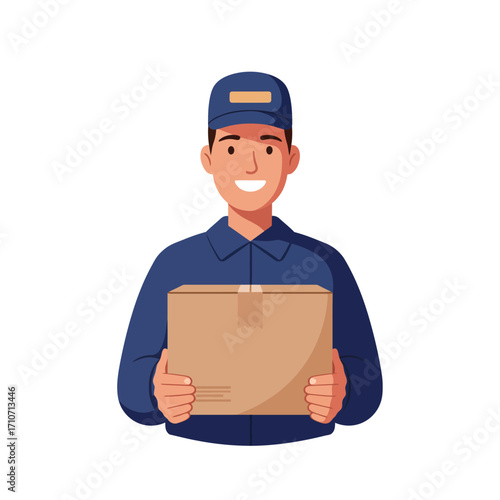 Smiling Delivery Man Holding a Cardboard Package