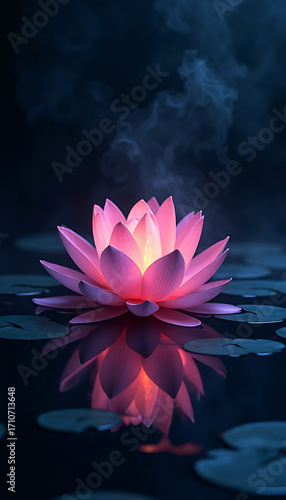 Illuminated Pink Lotus Flower Floating on Dark Water with Mist