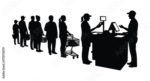 People waiting in a grocery store checkout line black silhouette illustration