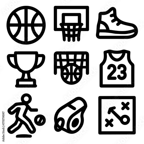 Basketball Equipment and Gameplay Icons Ball Hoop Shoe Trophy and Strategy.