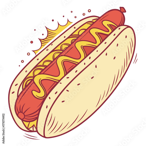 Juicy hot dog with vibrant mustard drizzle, perfect for summer picnics and fast food promotions.