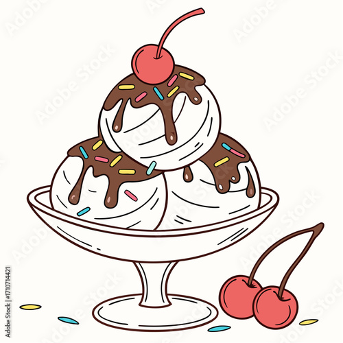 Delicious ice cream sundae with chocolate drizzle and cherries, a sweet summer treat invitation.