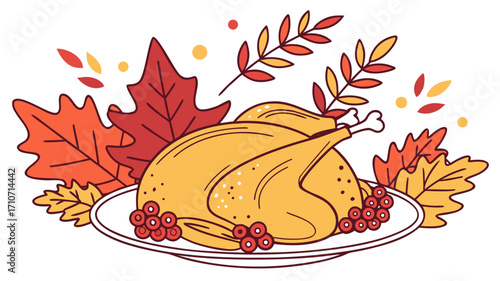 Delicious roasted turkey centerpiece surrounded by vibrant autumn leaves and berries for festive harvest celebration