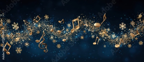 Golden Music Notes and Snowflakes Floating on Deep Blue Background Celebrating Winter Holidays in a Festive and Magical Style