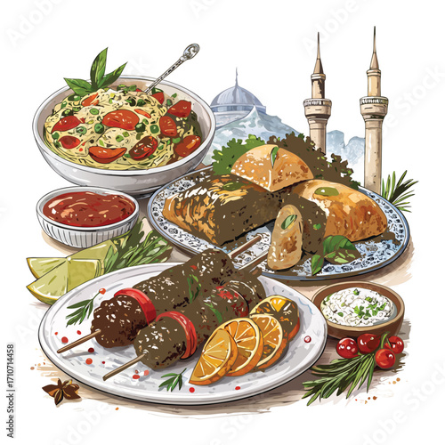 Turkish National Food with Turkish Pie Pide and Dolma Top View Vector 