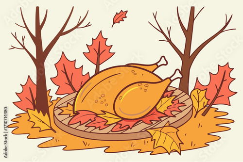 Celebrate autumn harvest feast with a delicious roasted turkey centerpiece surrounded by vibrant fall leaves