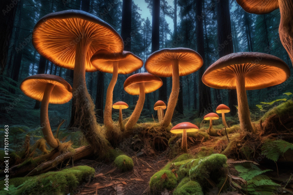 Fototapeta premium Bioluminescent Mushrooms Glowing in a Dark Forest at Night Keywords: mushrooms, forest, glowing, bioluminescent, night, dark
