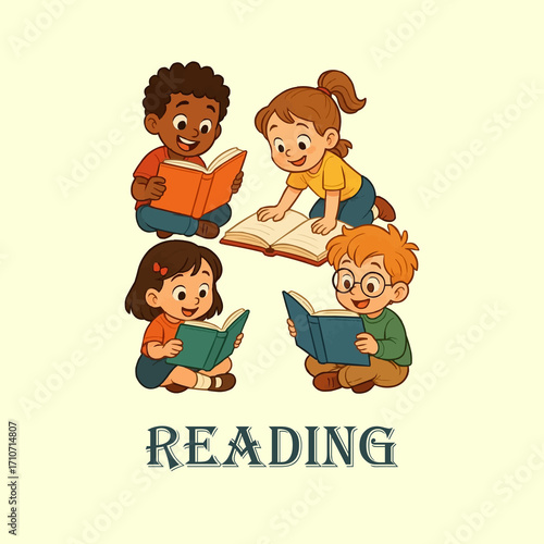 Kids Reading Books – Cute Cartoon Illustrations