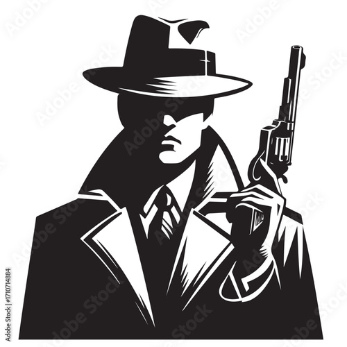 Gangster with gun illustration, vintage mafia man in hat, retro crime vector artwork
