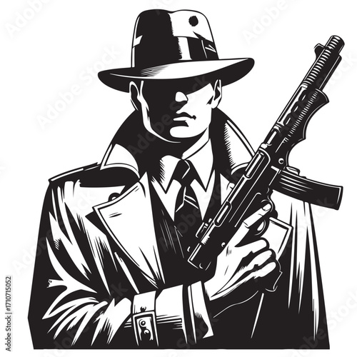 Gangster with gun illustration, vintage mafia man in hat, retro crime vector artwork